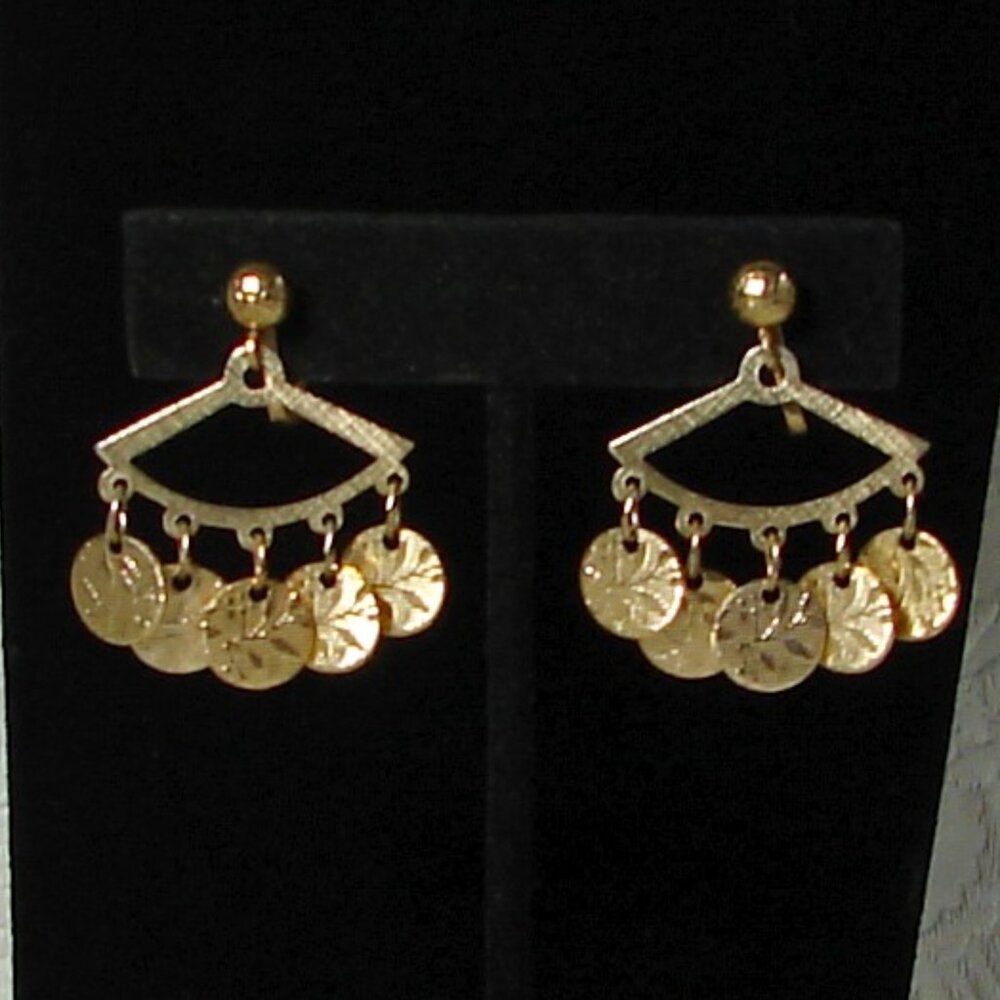Vintage Hong Kong Chandelier Clip-On EARRINGS, Gold Tone Dangling Disks  F84